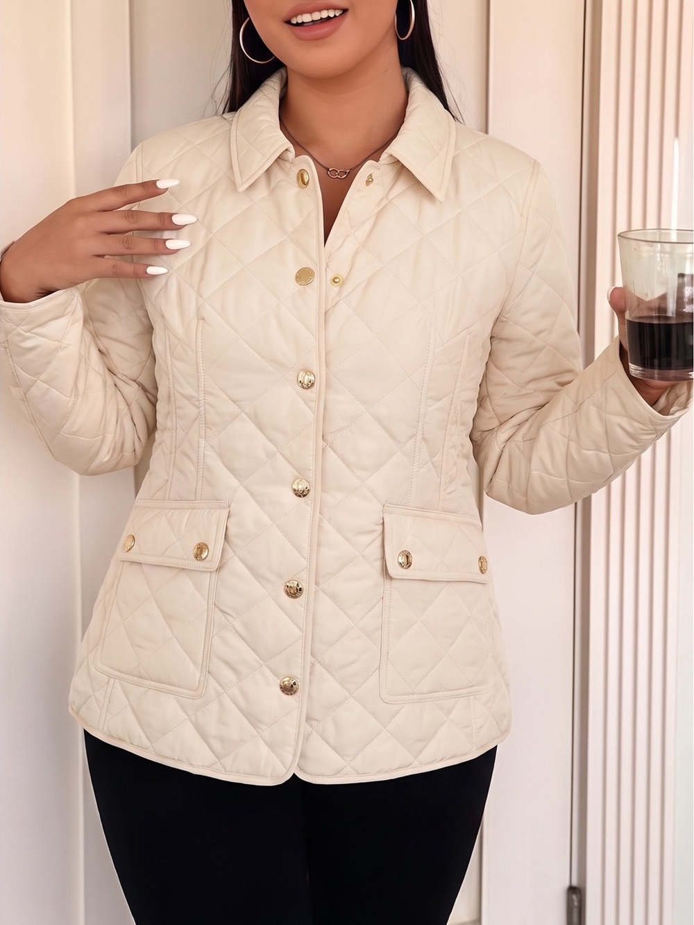 Chico's Quilted Cream Button-Front Puffer Jacket